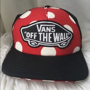 Vans hat; “off the wall” Polk-a-dot red and white